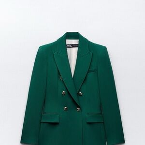 Zara Women's Green Double-Breasted Blazer Forest Green